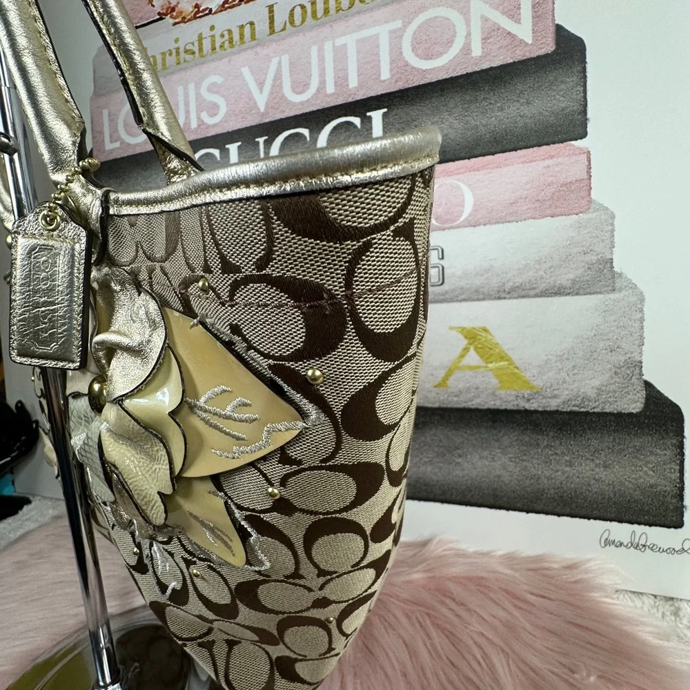Coach Brown Signature Tote with Metallic Floral Appliqués - Picture 4 of 13